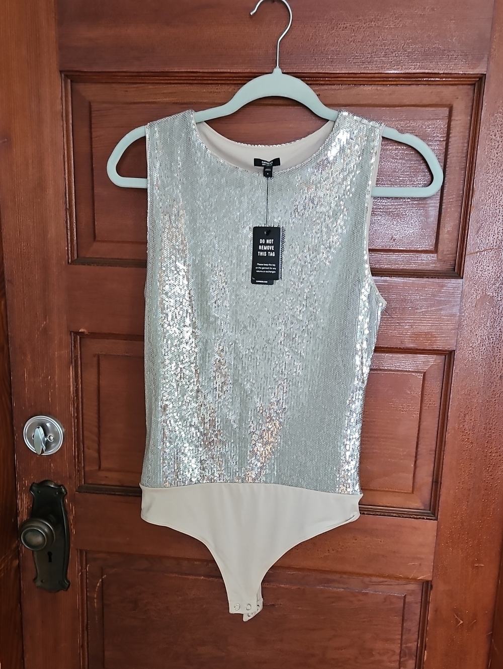 Express Silver Sequin Sleeveless Bodysuit with Cream Bottom